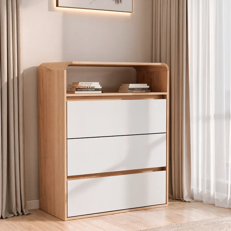 Velador Compacto con 3 Cajones 100% MDF, Roble Natural y Blanco Hueso