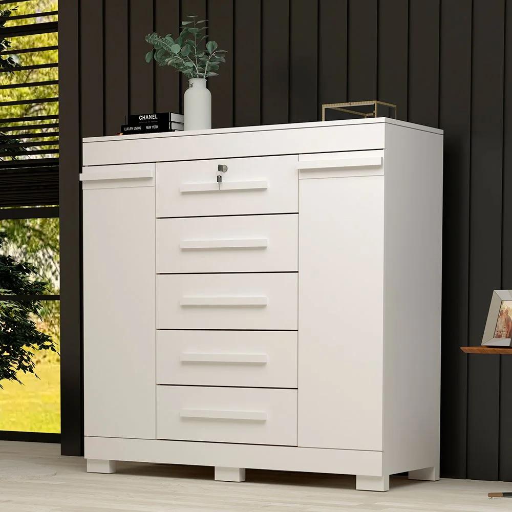 Cómoda con 2 Puertas y 5 Cajones 100% MDF, Blanca