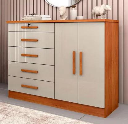 Cómoda con 2 Puertas y 5 Cajones, Cinamomo y Blanco Hueso