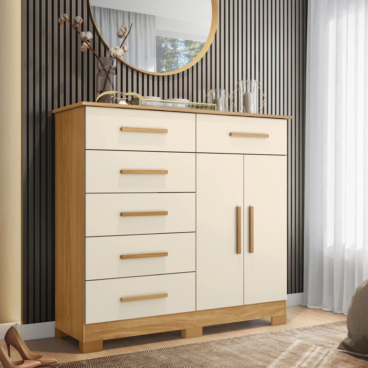 Cómoda con 2 Puertas y 6 Cajones, Marrón, Cinamomo y Blanco Hueso