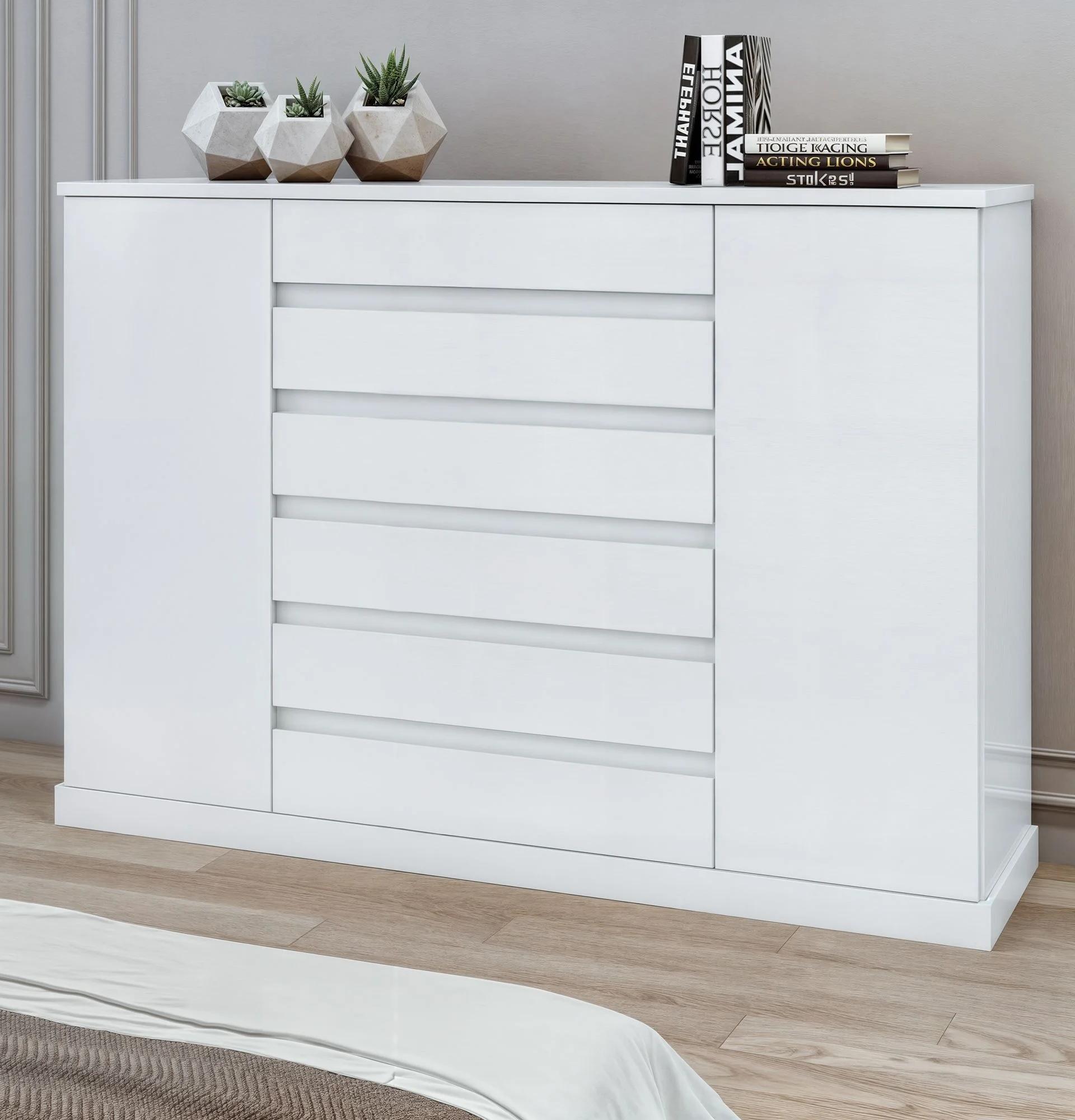 Cómoda de 2 Puertas, 7 Cajones y Repisas con Cerradura, Blanca