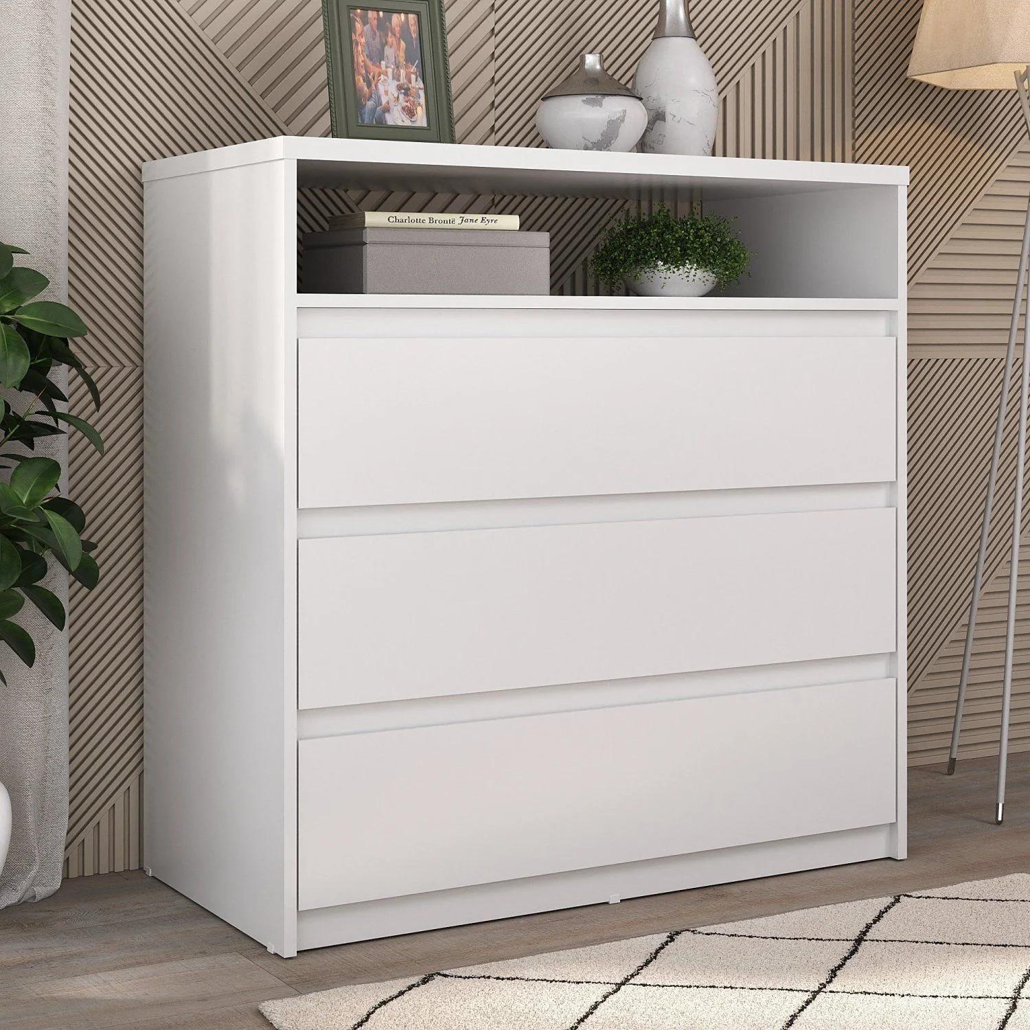 Cómoda de 3 cajones y 1 nicho en MDF, color blanco