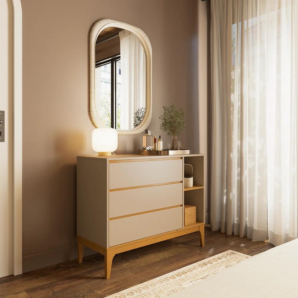 Cómoda de 3 cajones y 2 nichos en MDF con patas de madera maciza, beige/cappuccino/almendra