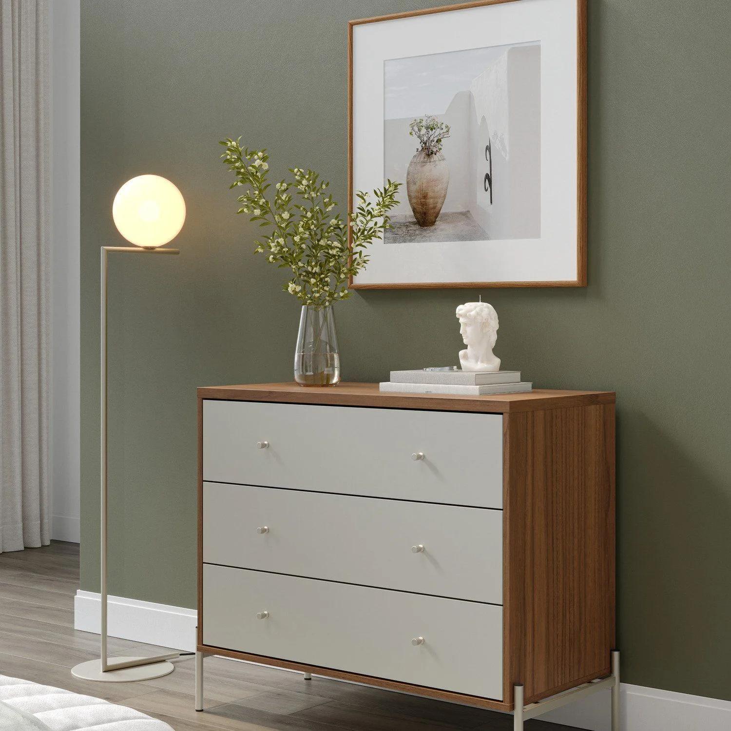 Cómoda de 3 cajones de 90 × 79 cm, blanco/canela/blanco hueso