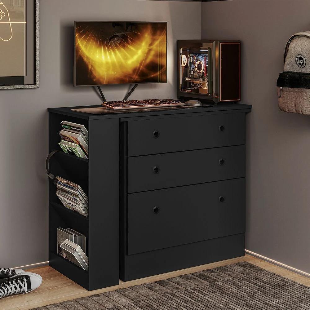Cómoda de 3 cajones con mesa giratoria gamer, color negro