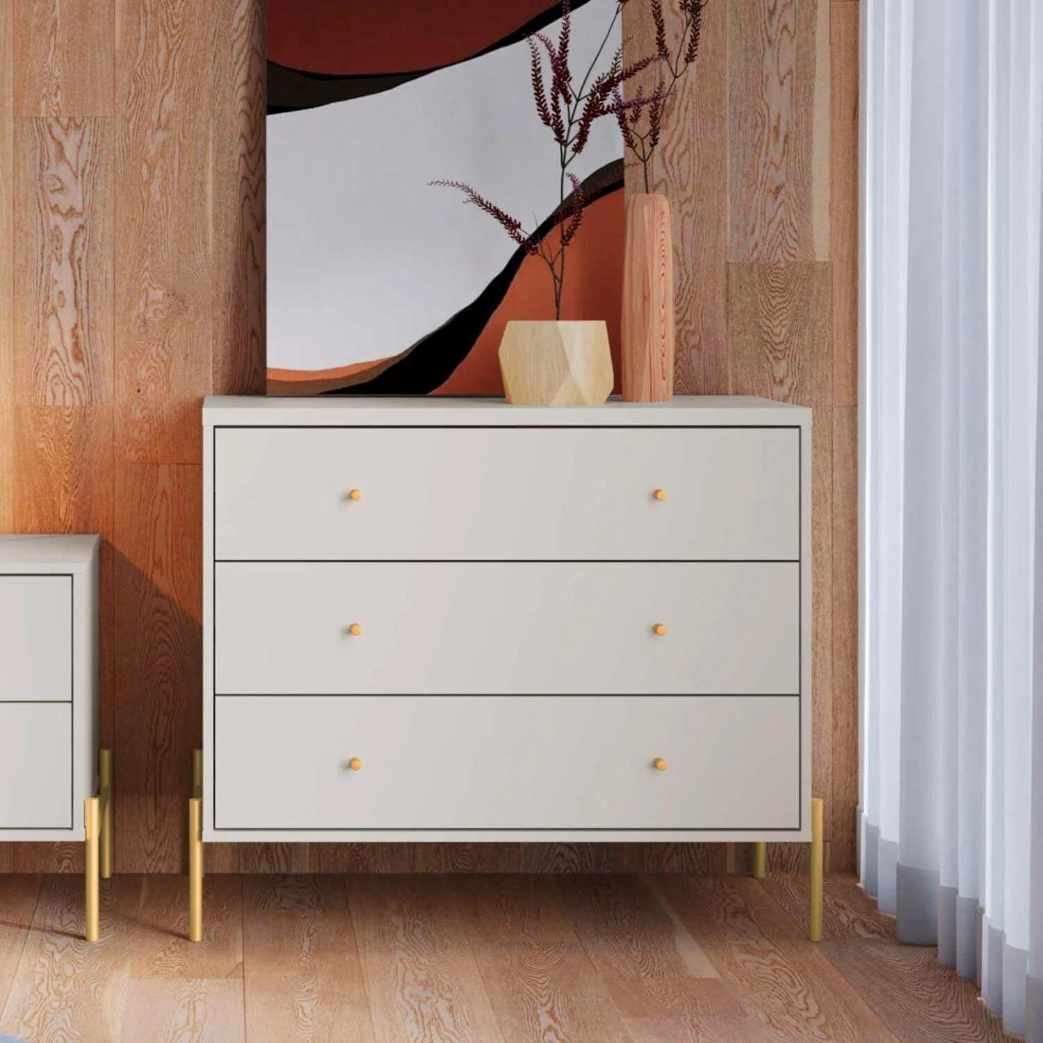 Cómoda de 3 cajones de 90 × 79 cm, blanco/dorado