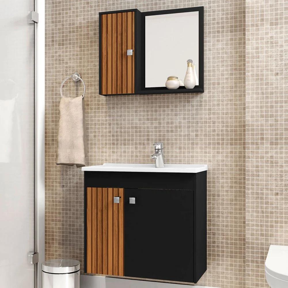 Armario de baño de 3 puertas con lavatorio, negro mate y acabado acanalado