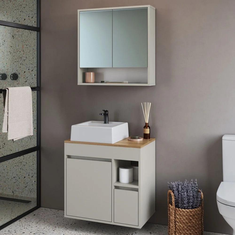 Armario de baño de 3 puertas y 1 cajón con lavatorio y espejo, color arenas