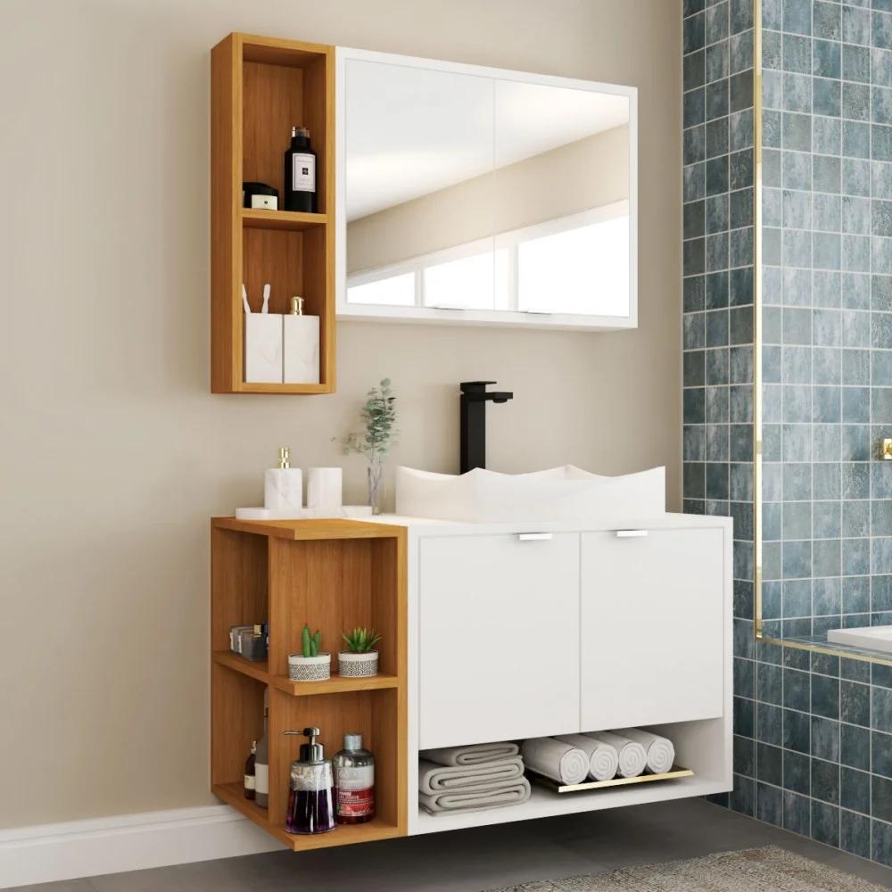 Armario de baño con lavatorio y 4 puertas, blanco/natural