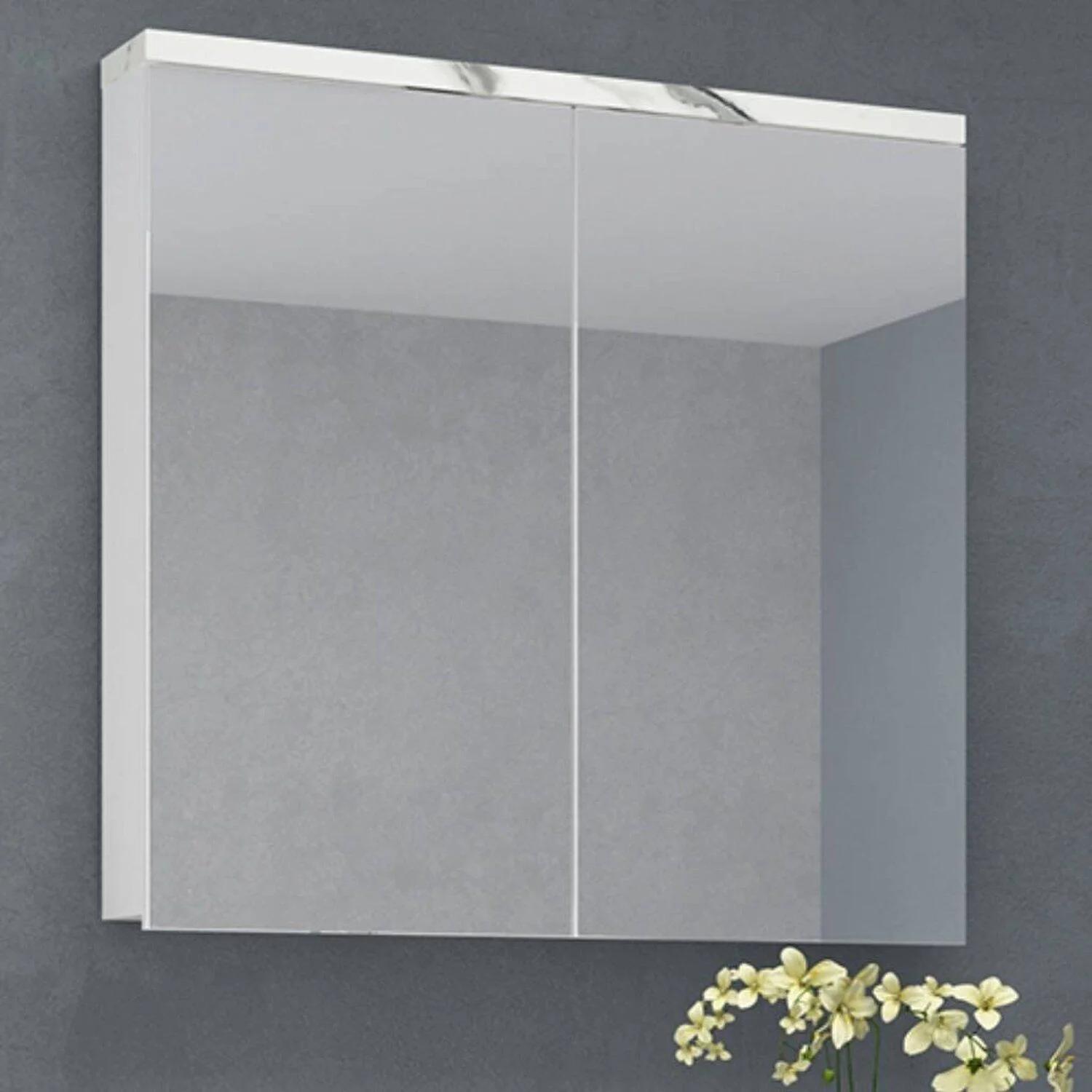 Armario de baño con espejo, 2 puertas y repisas internas, 90 cm, blanco/thassos