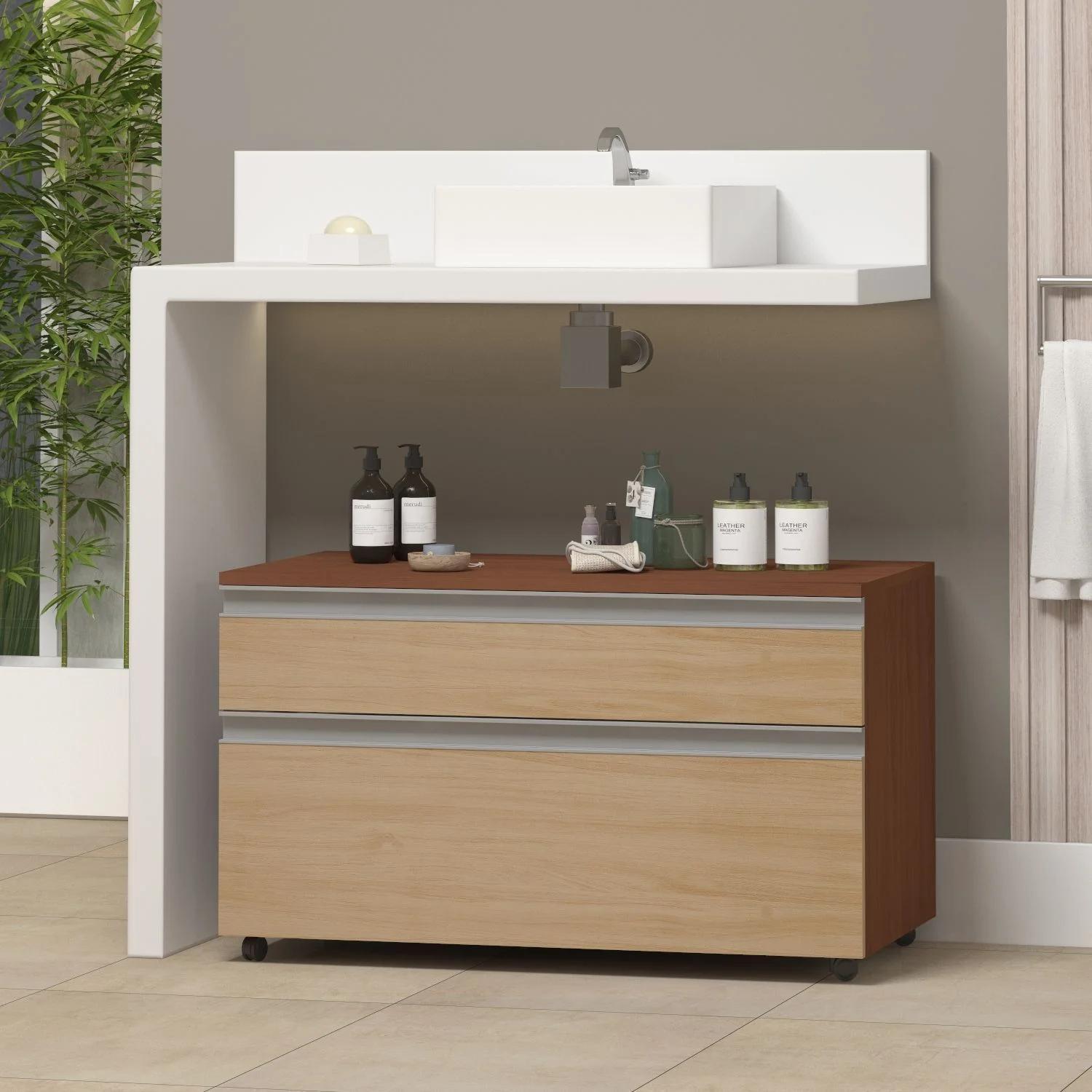 Armario de baño multifuncional con ruedas, 80 cm, tono marrón