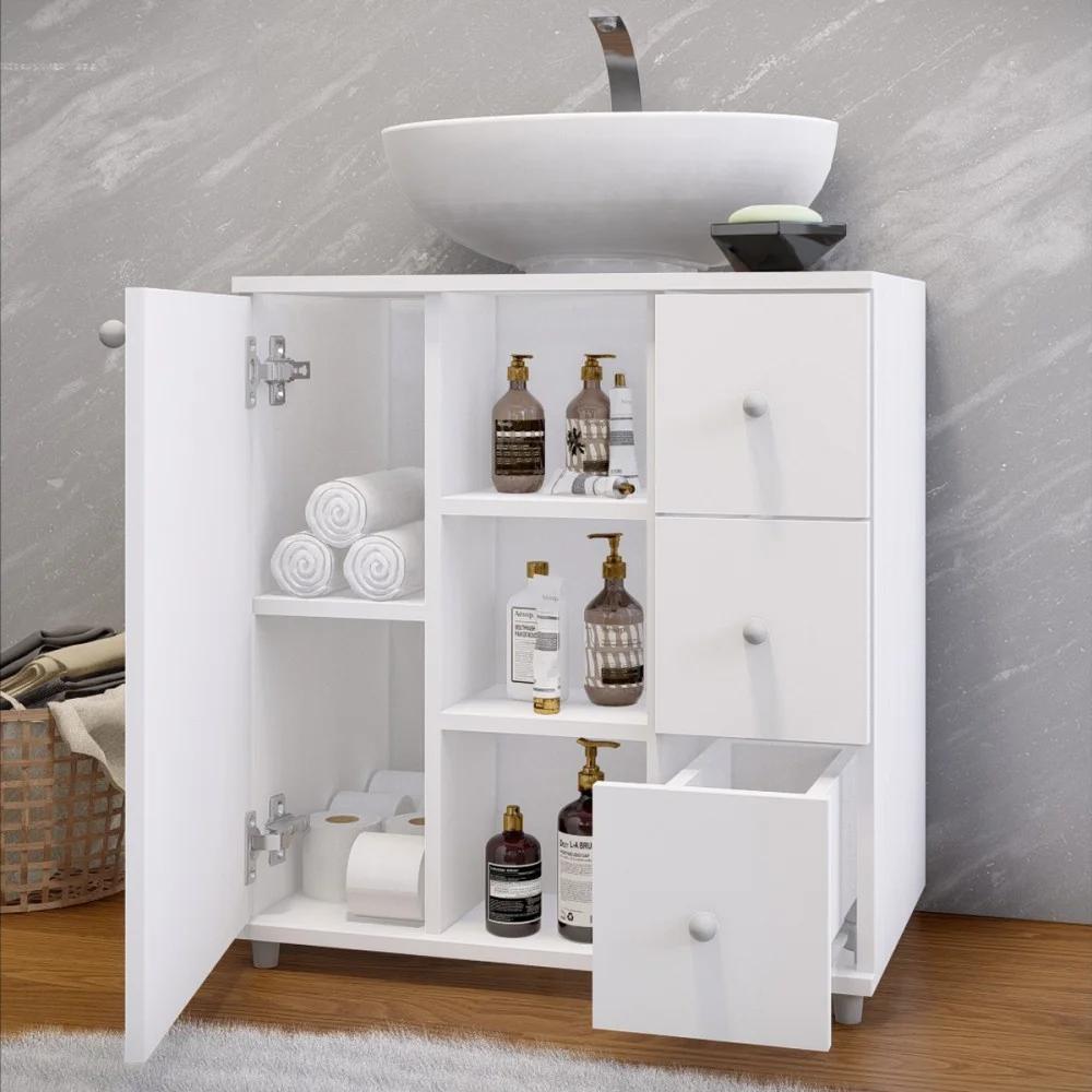 Armario de baño de 1 puerta y 3 cajones, color blanco