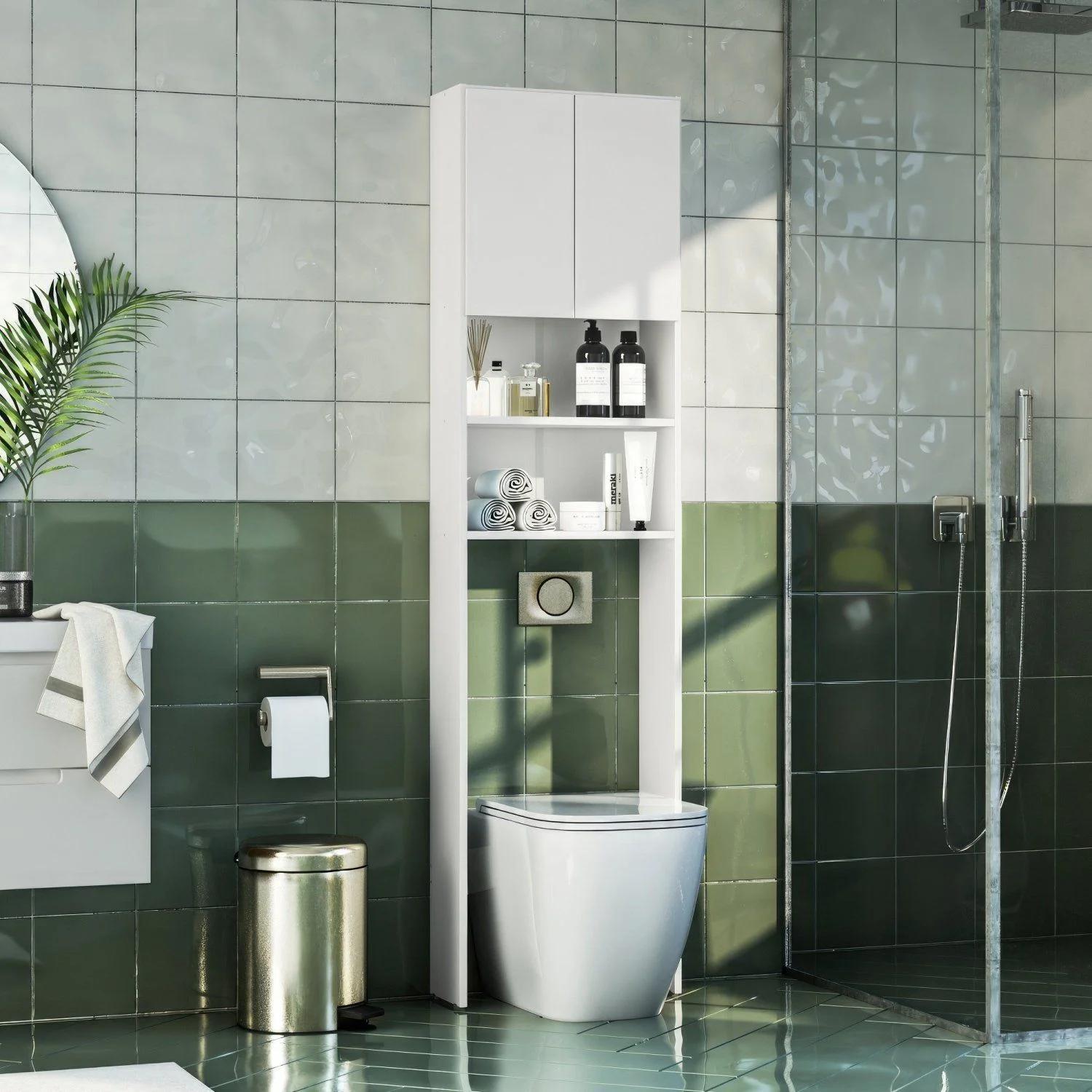 Armario de baño para inodoro con 2 puertas y 2 nichos, color blanco