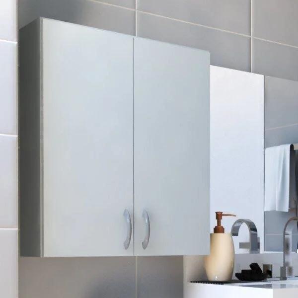Armario de baño suspendido de 2 puertas, blanco/gris con cristal