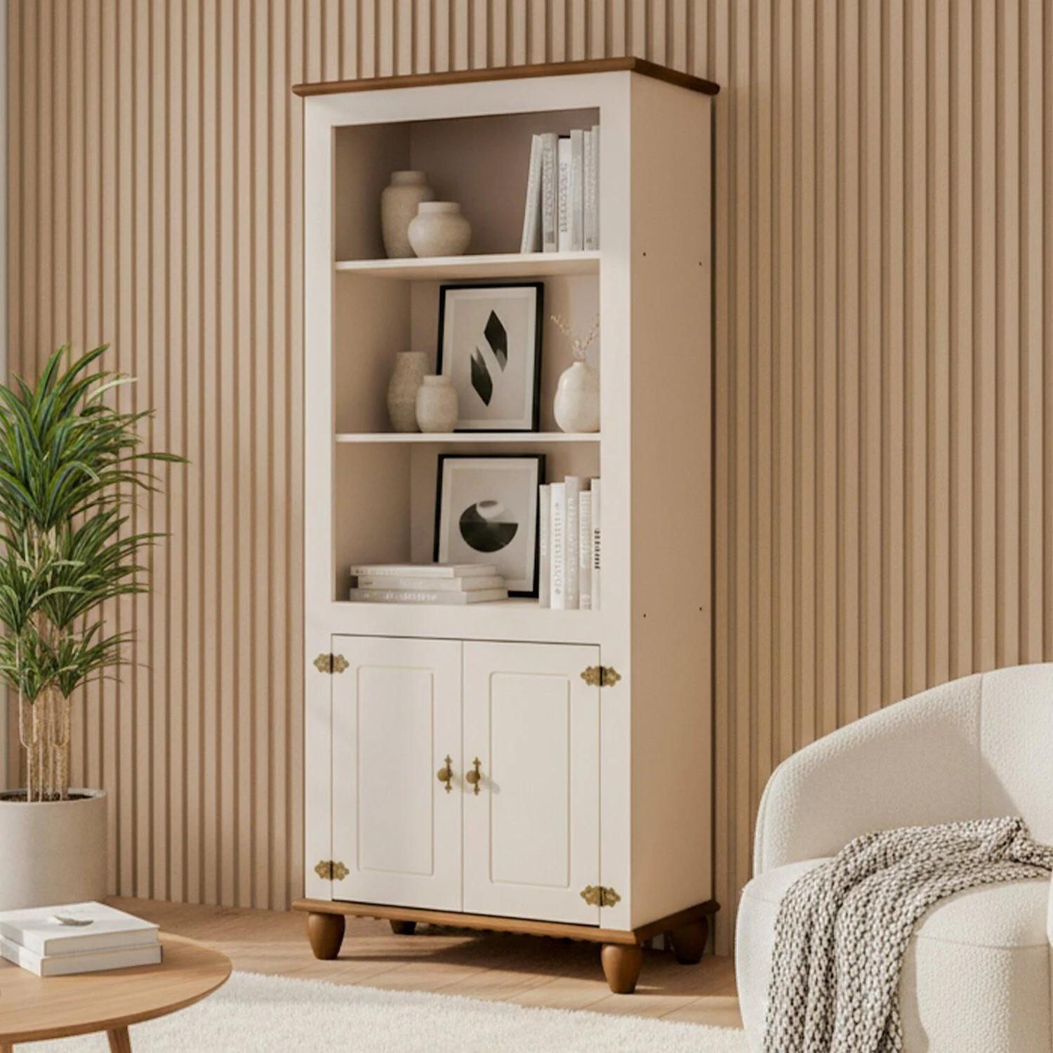 Estantería Alta de 2 Puertas con Base y Patas en Madera Maciza, Blanco y Blanco Hueso