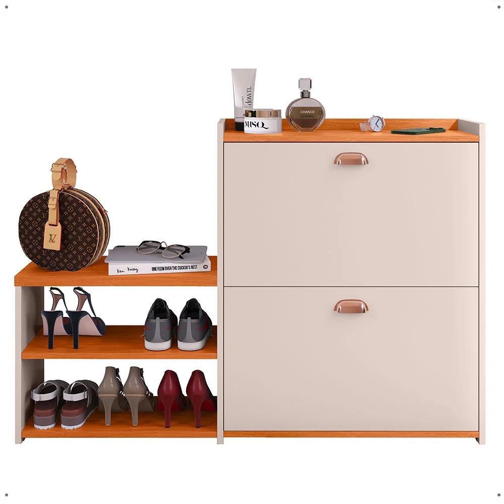Banco Zapatera Retro con 2 Cajones y Repisa, Blanco Hueso y Canela